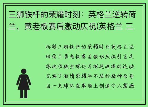 三狮铁杆的荣耀时刻：英格兰逆转荷兰，黄老板赛后激动庆祝(英格兰 三狮)